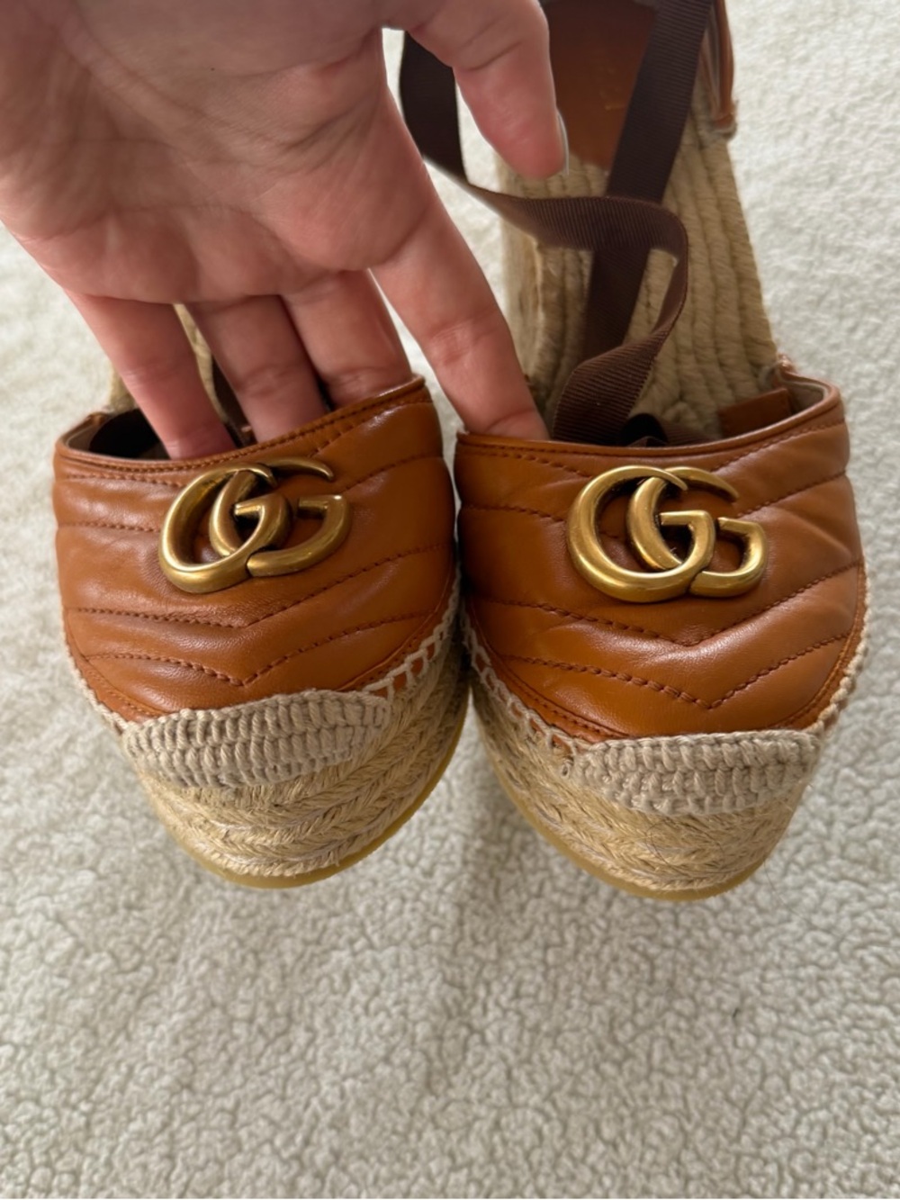 Gucci Cognac Leather GG Espadrille Wedge Sandals - Picture 4 of 7